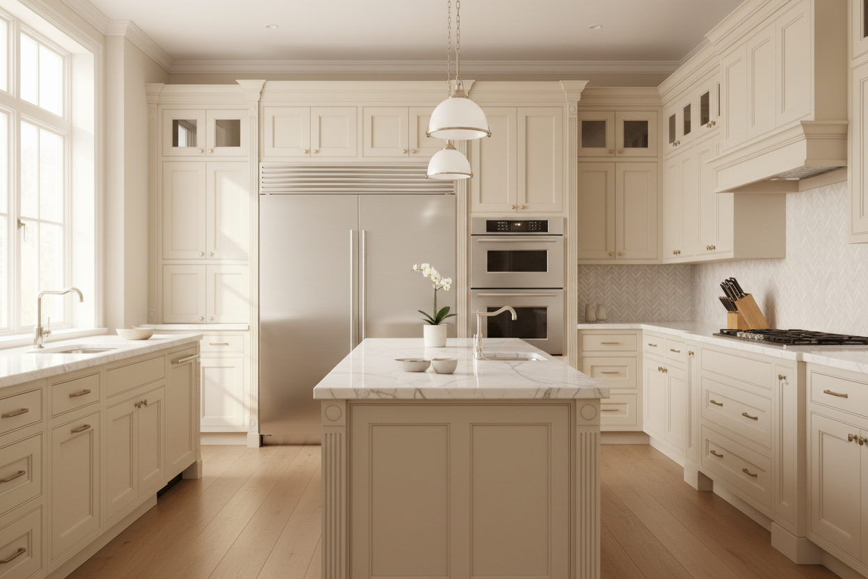 Bright upscale kitchen with integrated premium appliances
